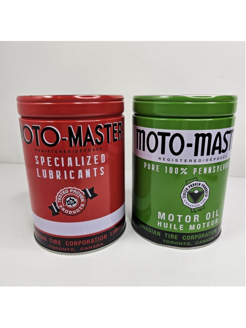 Canadian Tire Moto-Master Oil Red Green Tin Coin Bank Set Promotional Item Decor